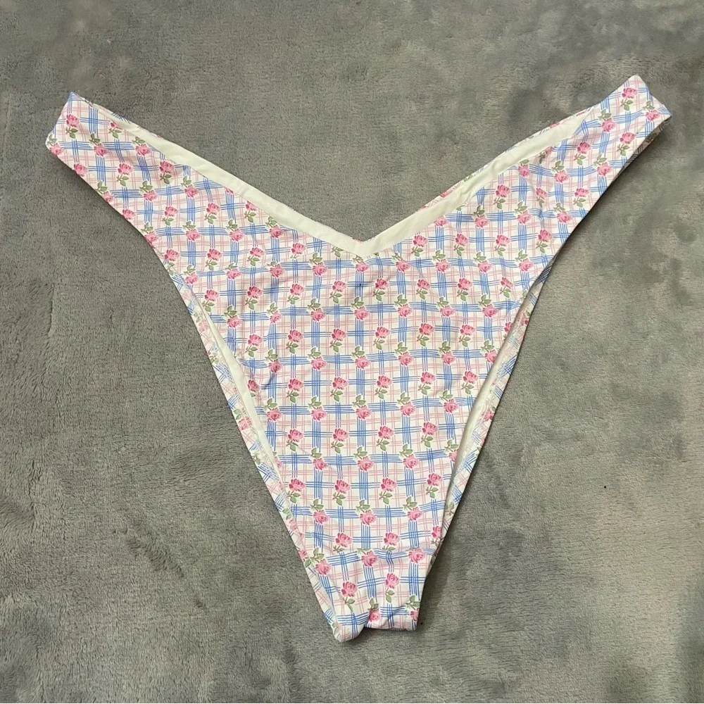 New! Frankie’s Bikinis Enzo Plaid Cheeky Bikini Bottom pink blue 10694